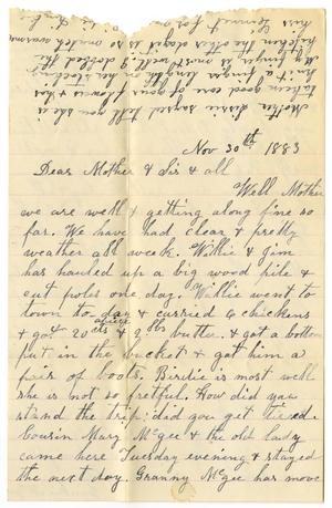 Primary view of object titled '[Letter from Dinkie McGee to Matilda Dodd and Mary Ann Moore, November 30, 1883]'.