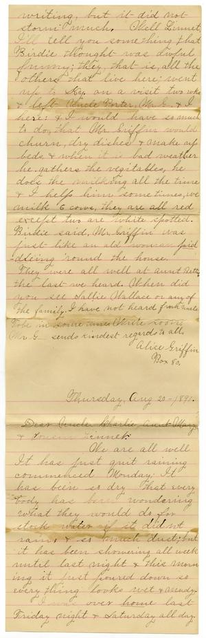 Primary view of object titled '[Letter from Alice Griffin to Mary and Charles B. Moore, August 20, 1891]'.