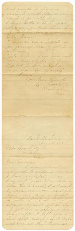 Primary view of object titled '[Letter from Lila Franklin to Linnet Moore, August 21, 1893]'.