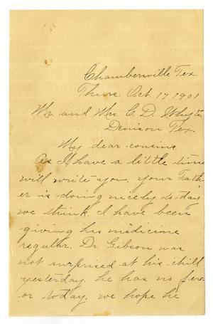 Primary view of object titled '[Letter from Birdie McGee to Mr. and Mrs. C. D. White, October 17, 1901]'.