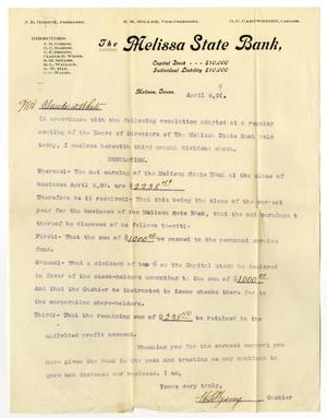 Primary view of object titled '[Letter from The Melissa State Bank to Claude D. White, April 6, 1909]'.