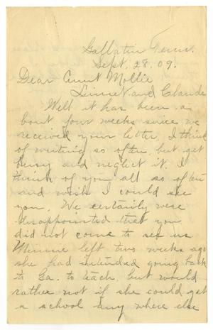 Primary view of object titled '[Letter from Birdie McGee to Mary Ann Moore, Linnet White, and Claude D. White, September 28, 1909]'.