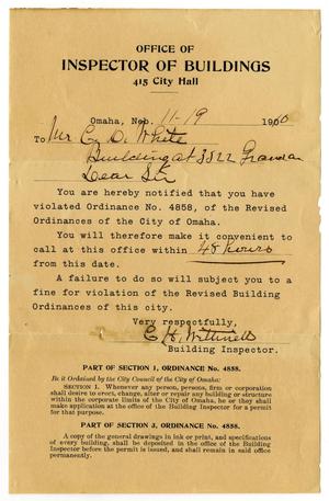Primary view of object titled '[Notice from the City of Omaha, Nebraska, November 19, 1910]'.
