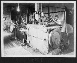 Primary view of object titled '[Southern Pine Lumber Company Worker at a Sawmill Steam Engine]'.
