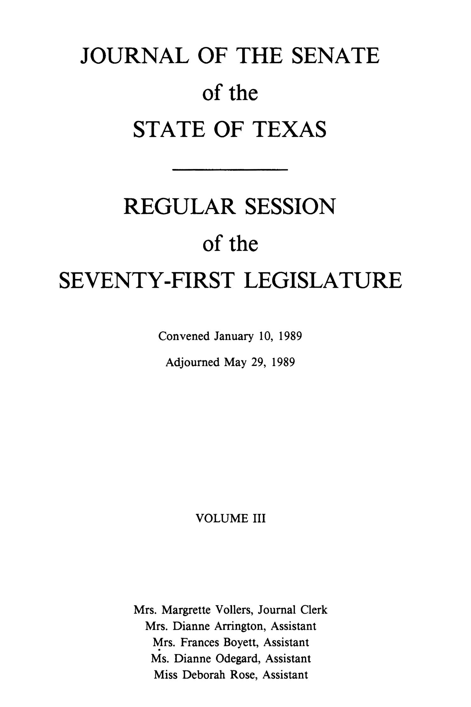 Journal of the Senate of the State of Texas, Regular Session of the Seventy-First Legislature, Volume 3
                                                
                                                    Title Page
                                                