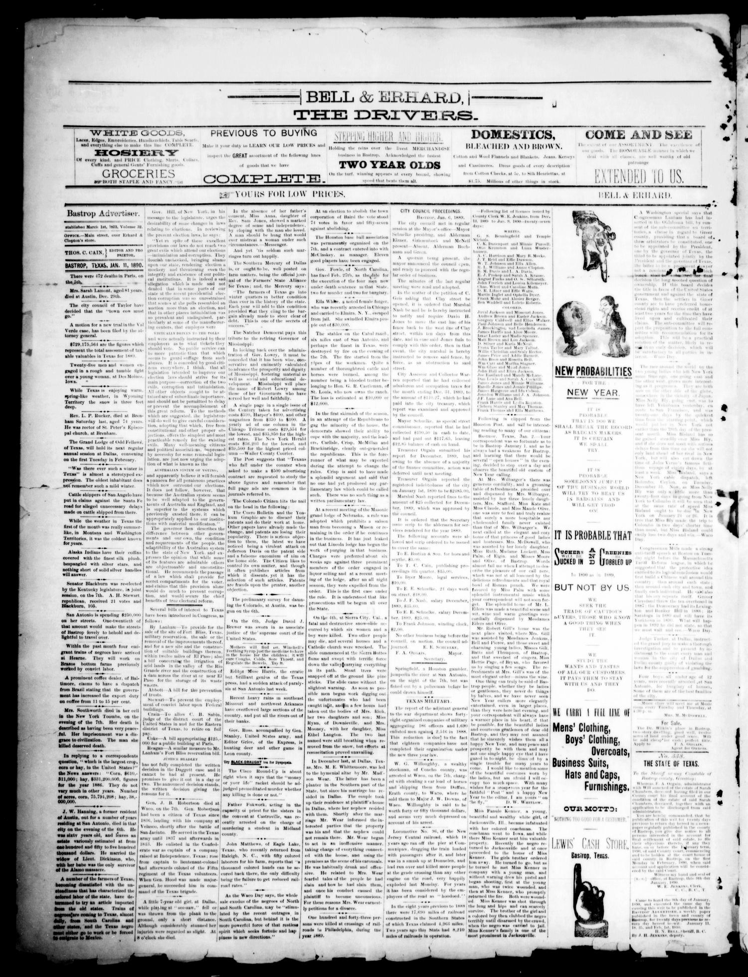 The Bastrop Advertiser (Bastrop, Tex.), Vol. 32, No. 50, Ed. 1 Saturday, January 11, 1890
                                                
                                                    [Sequence #]: 2 of 4
                                                