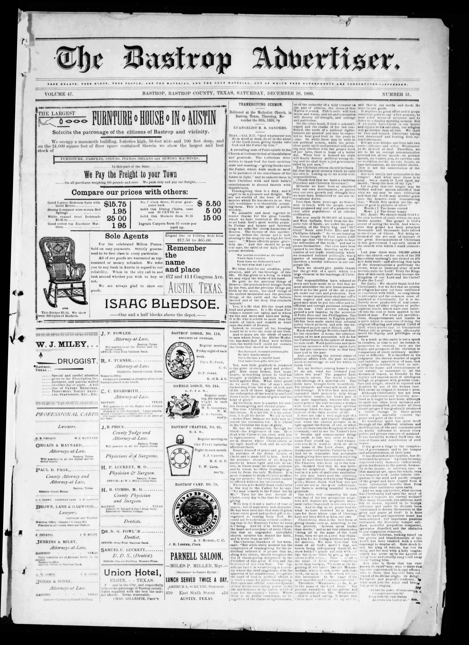 The Bastrop Advertiser (Bastrop, Tex.), Vol. 47, No. 51, Ed. 1 Saturday, December 16, 1899
                                                
                                                    [Sequence #]: 1 of 10
                                                
