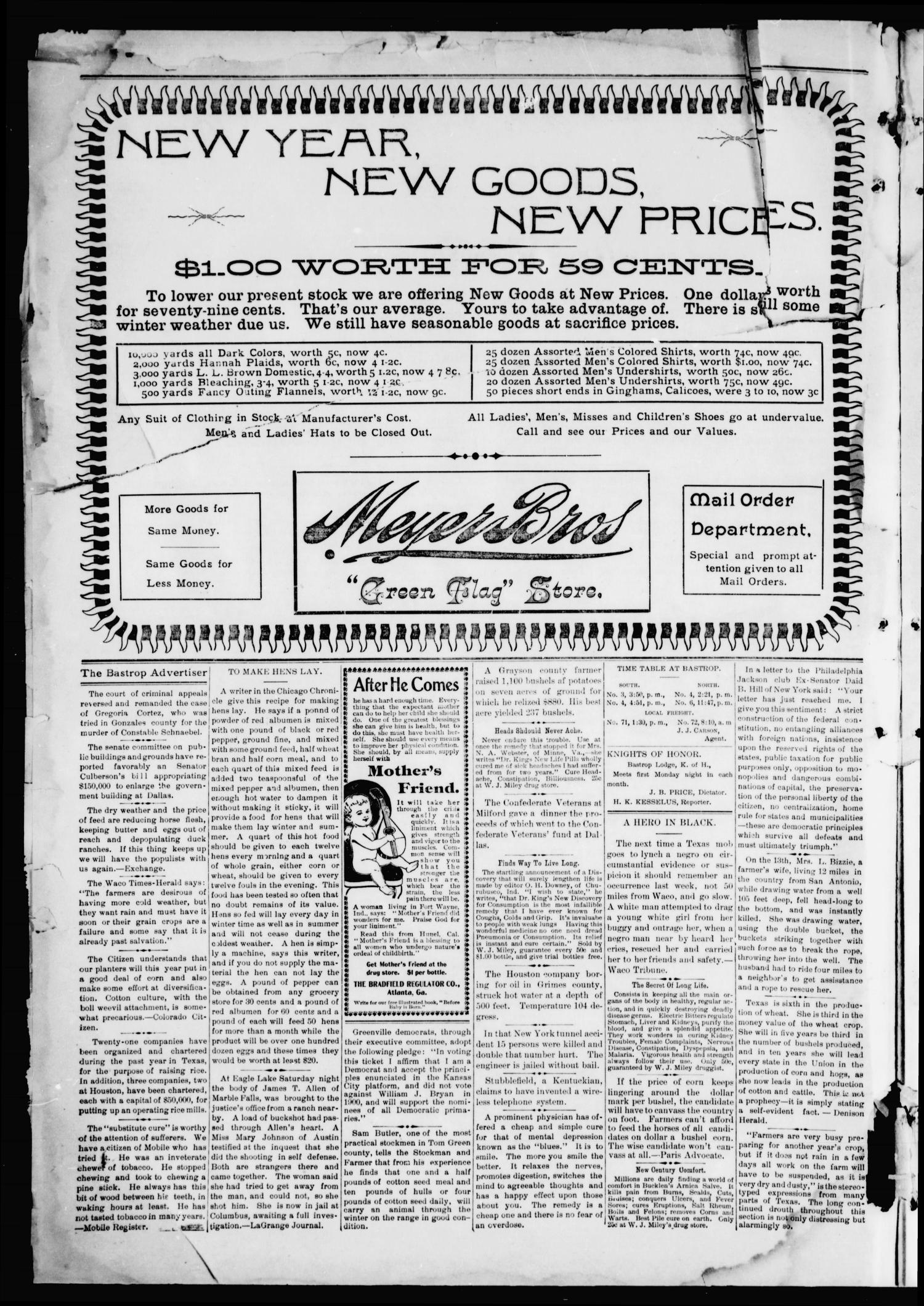 The Bastrop Advertiser (Bastrop, Tex.), Vol. 49, No. 3, Ed. 1 Saturday, January 18, 1902
                                                
                                                    [Sequence #]: 2 of 8
                                                
