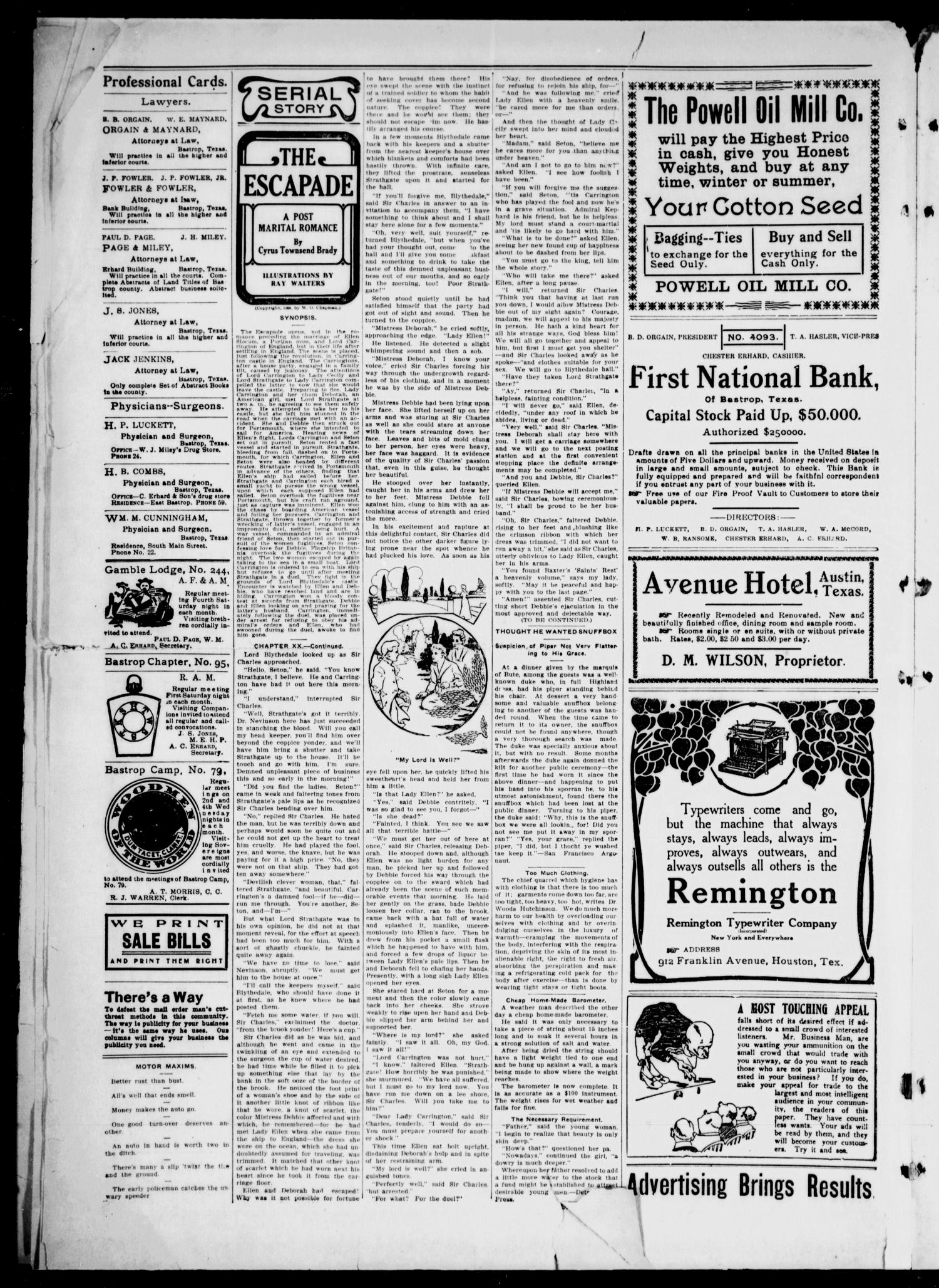 The Bastrop Advertiser (Bastrop, Tex.), Vol. 56, No. 40, Ed. 1 Saturday, January 16, 1909
                                                
                                                    [Sequence #]: 4 of 8
                                                