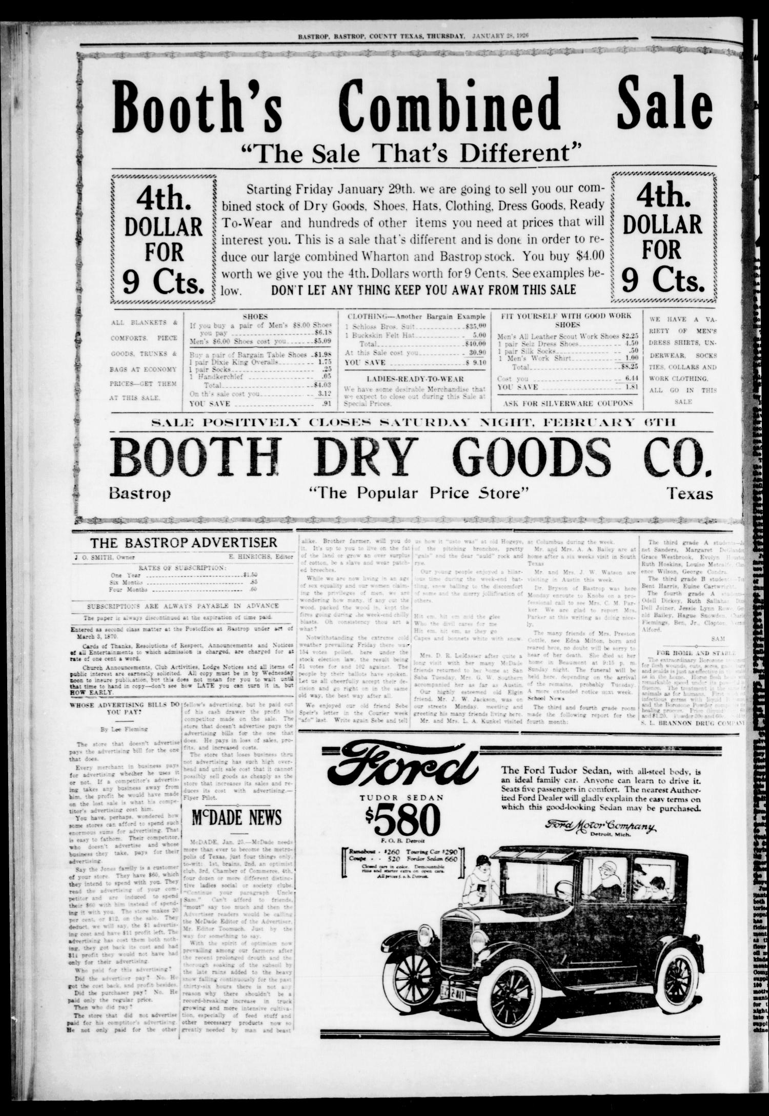 The Bastrop Advertiser (Bastrop, Tex.), Vol. 72, No. 36, Ed. 1 Thursday, January 28, 1926
                                                
                                                    [Sequence #]: 4 of 8
                                                