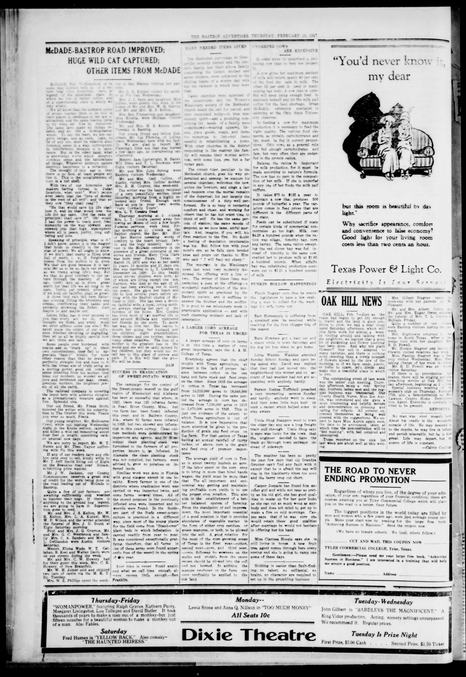 The Bastrop Advertiser (Bastrop, Tex.), Vol. 73, No. 37, Ed. 1 Thursday, February 10, 1927
                                                
                                                    [Sequence #]: 8 of 8
                                                