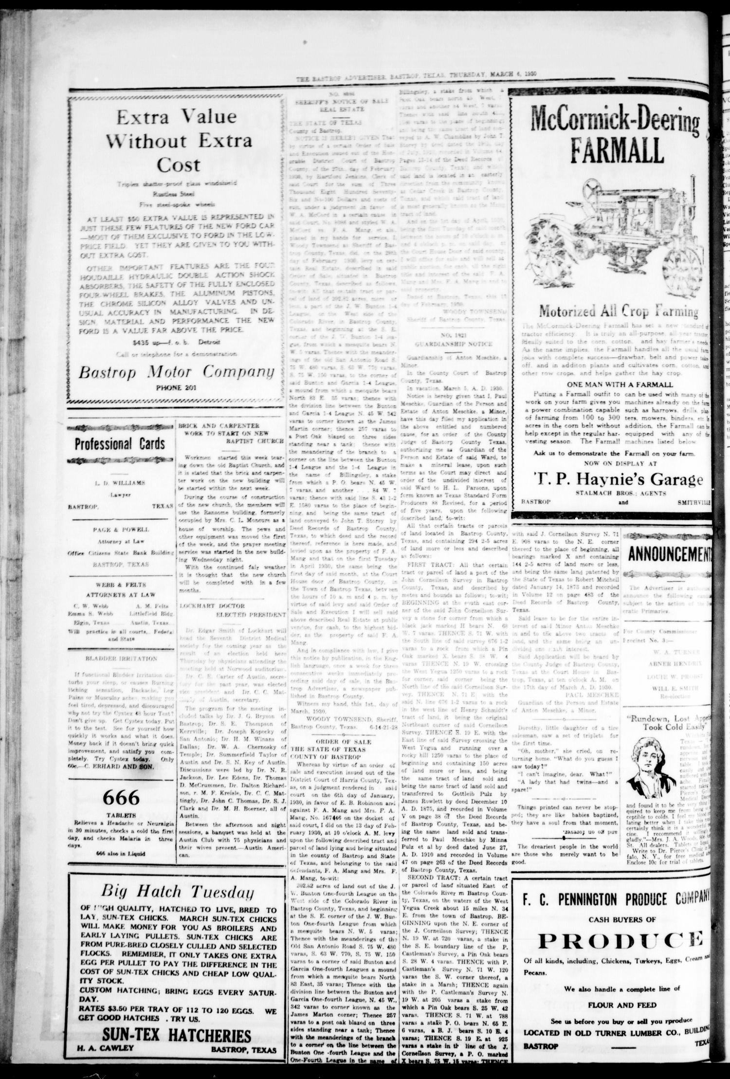The Bastrop Advertiser (Bastrop, Tex.), Vol. 76, No. 51, Ed. 1 Thursday, March 6, 1930
                                                
                                                    [Sequence #]: 4 of 6
                                                
