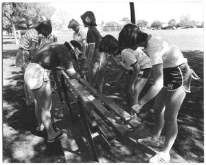 [Photograph of Young Women Painting a Bench]