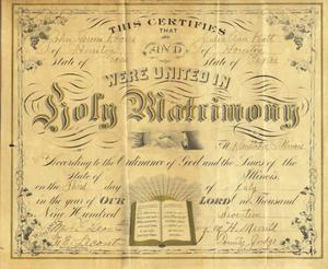 Primary view of object titled '[Marriage certificate for John Jerome Rogers and Julia Ann Pratt.  July 3, 1...]'.