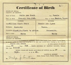[Certificate of birth of Julia Ann Pratt]