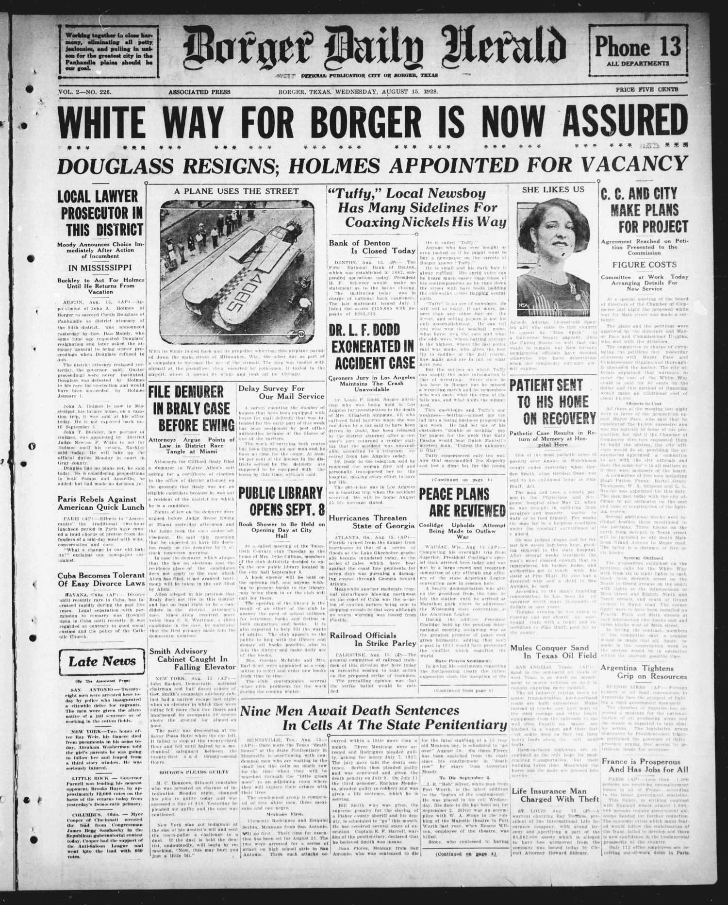 Borger Daily Herald (Borger, Tex.), Vol. 2, No. 226, Ed. 1 Wednesday, August 15, 1928
                                                
                                                    [Sequence #]: 1 of 8
                                                