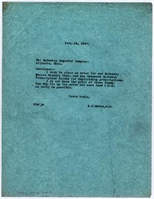 Primary view of object titled '[Letter from Dr. Edwin D. Moten to the McCaskey Register Company, February 18, 1947]'.