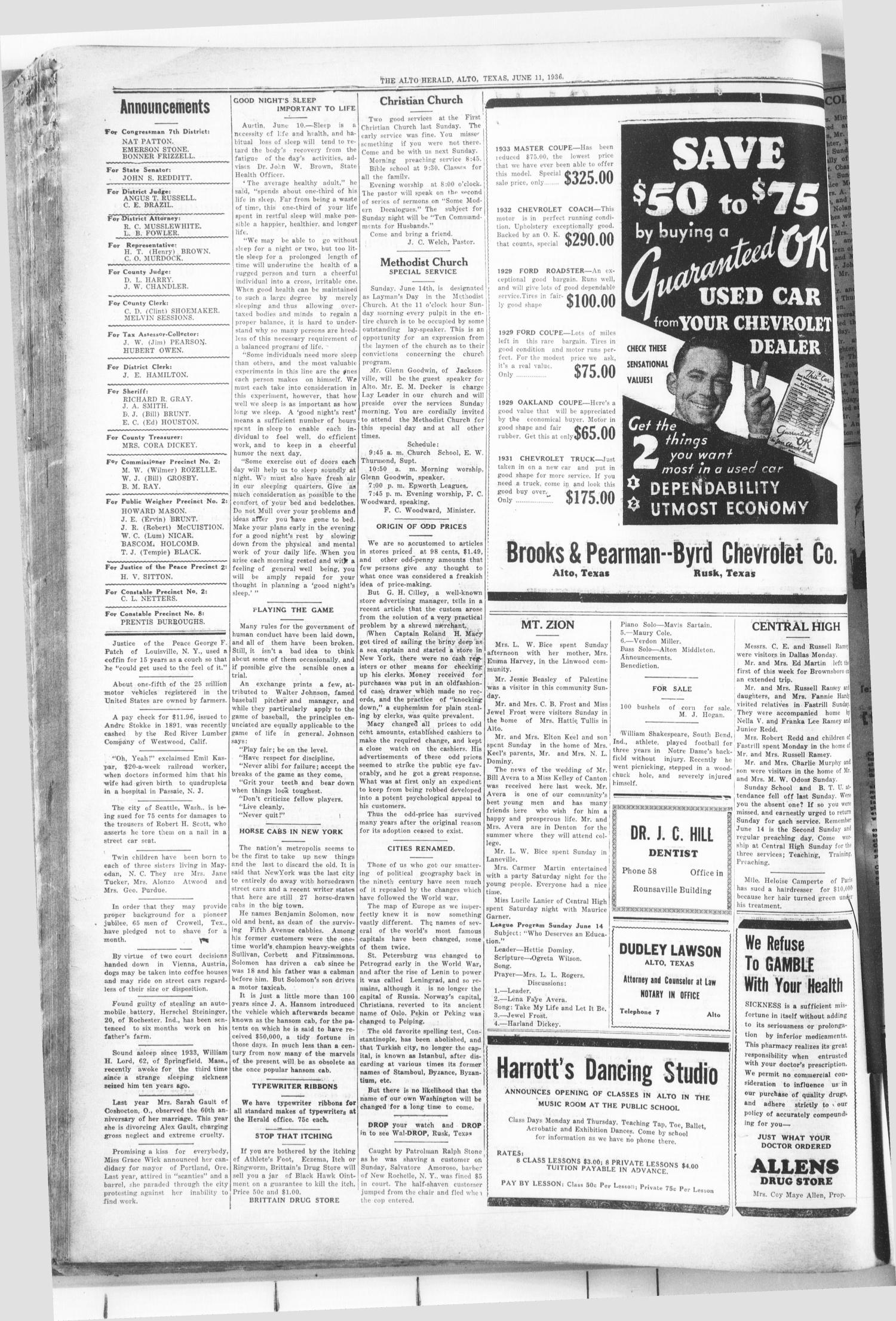 The Alto Herald (Alto, Tex.), Vol. 36, No. 7, Ed. 1 Thursday, June 11, 1936
                                                
                                                    [Sequence #]: 2 of 4
                                                
