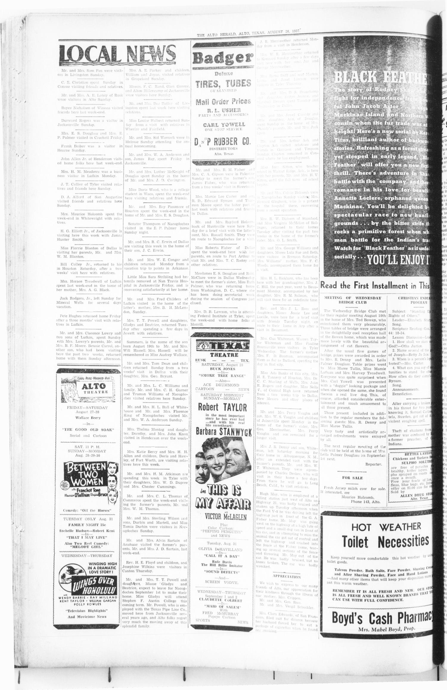 The Alto Herald (Alto, Tex.), Vol. 37, No. 18, Ed. 1 Thursday, August 26, 1937
                                                
                                                    [Sequence #]: 4 of 4
                                                