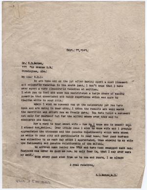 Primary view of object titled '[Letter from Dr. Edwin D. Moten to Pierce S. Moten, September 27, 1943]'.