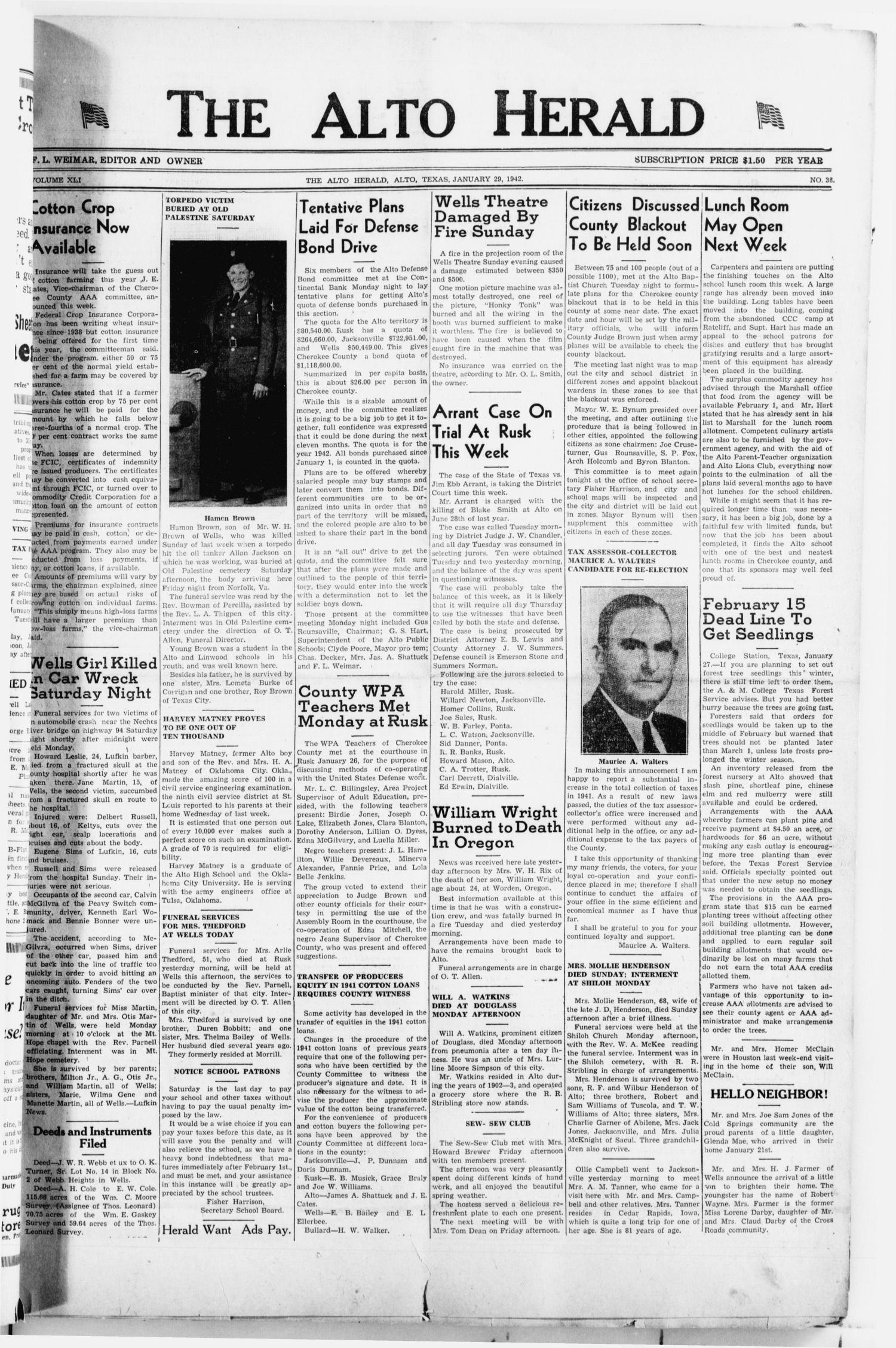 The Alto Herald (Alto, Tex.), Vol. 41, No. 38, Ed. 1 Thursday, January 29, 1942
                                                
                                                    [Sequence #]: 1 of 4
                                                