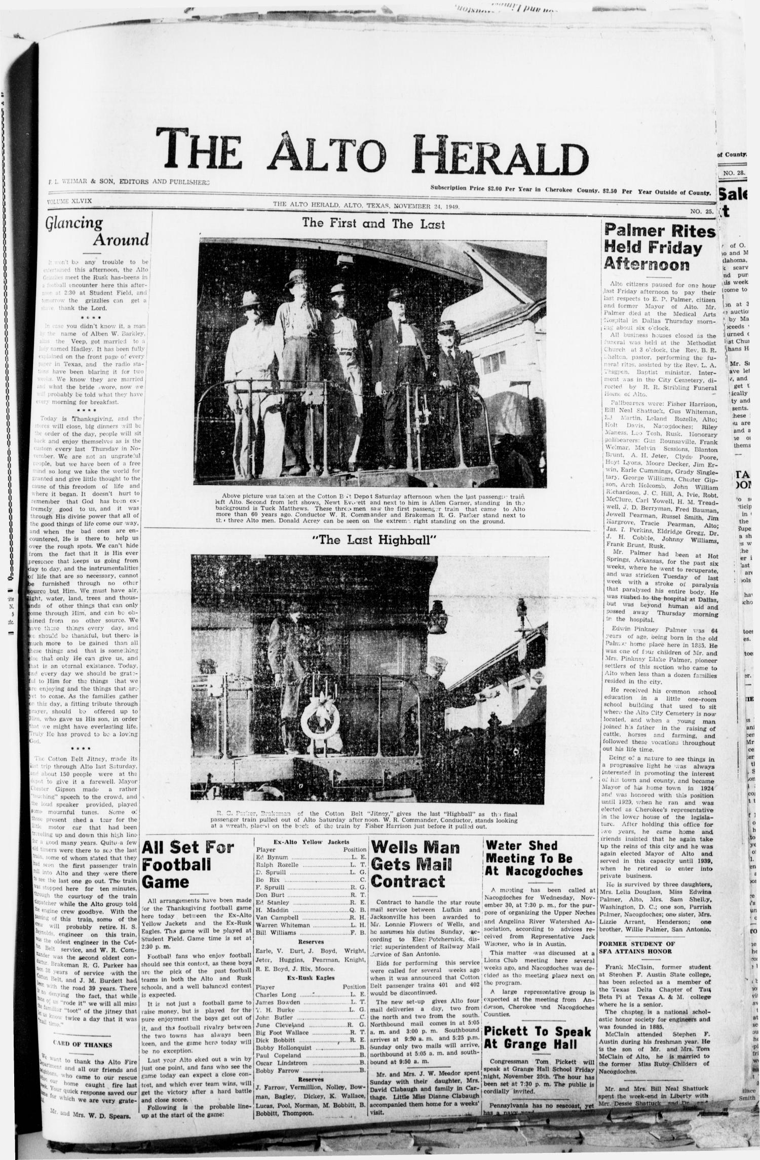 The Alto Herald (Alto, Tex.), Vol. 49, No. 25, Ed. 1 Thursday, November 24, 1949
                                                
                                                    [Sequence #]: 1 of 12
                                                