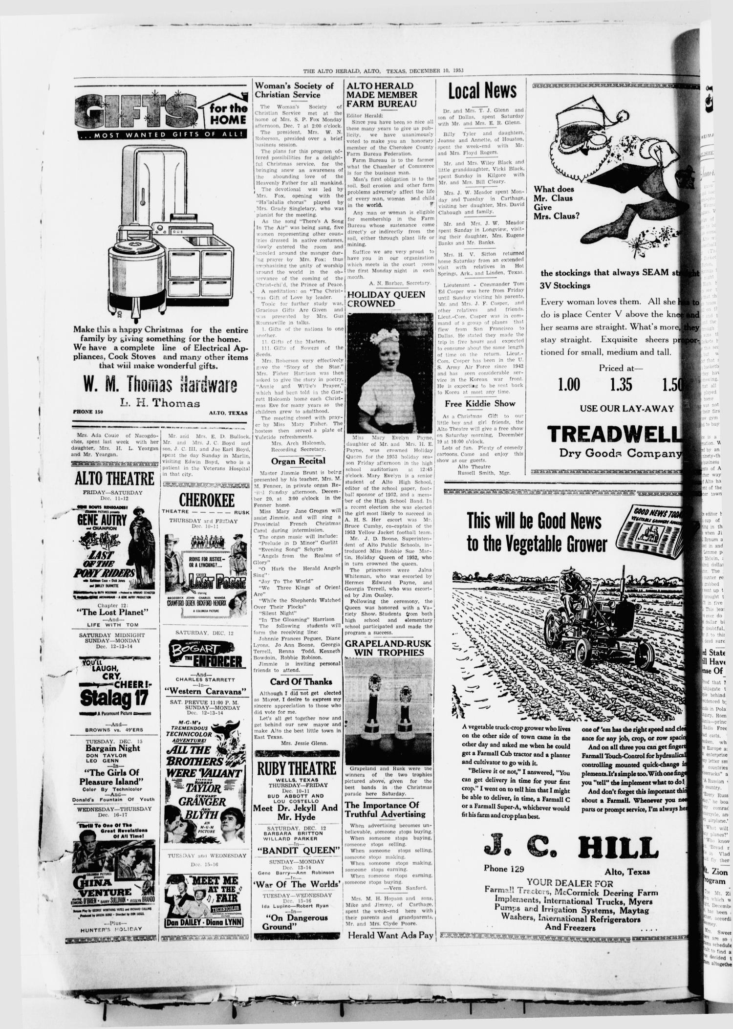 The Alto Herald (Alto, Tex.), No. 26, Ed. 1 Thursday, December 10, 1953
                                                
                                                    [Sequence #]: 10 of 10
                                                