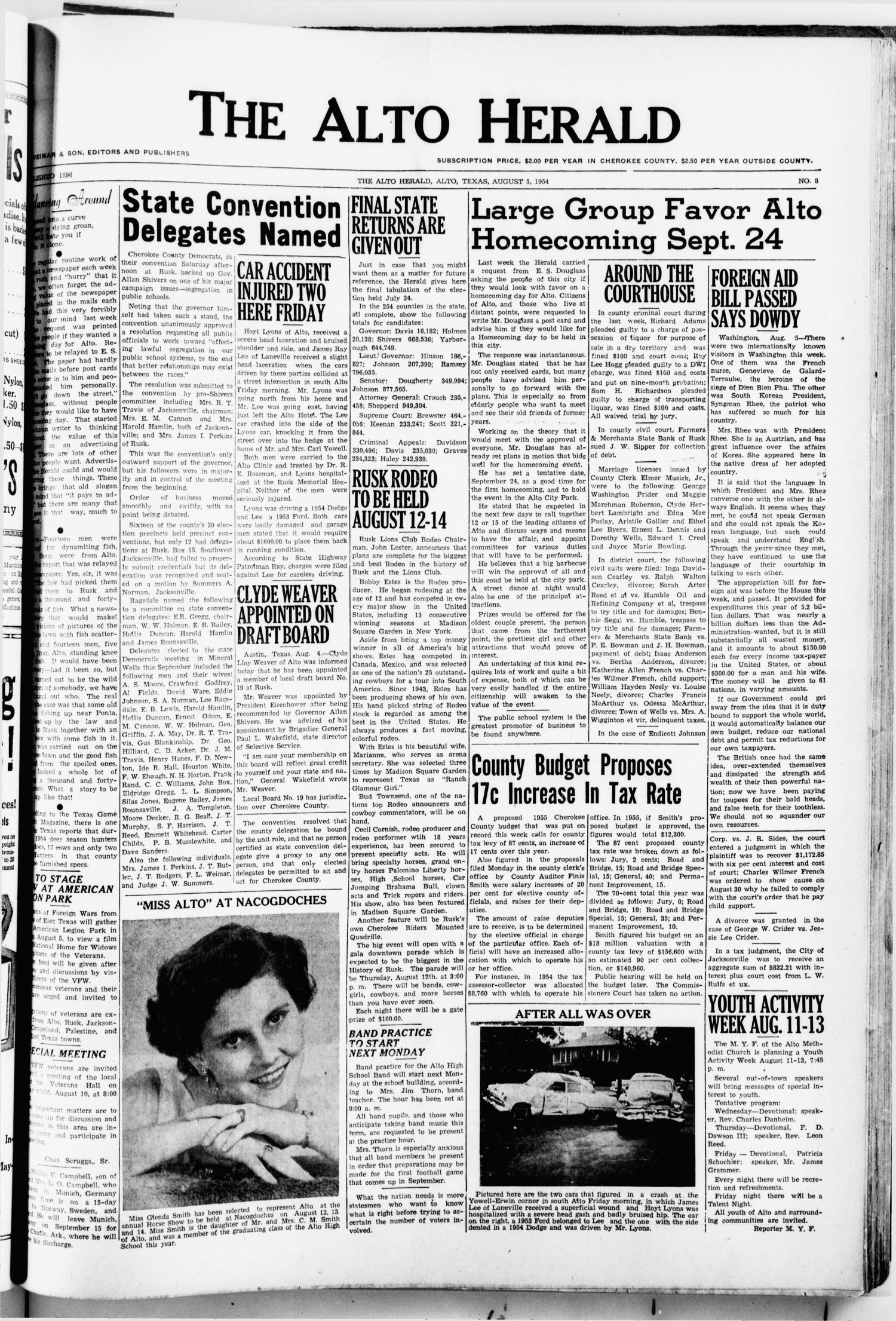 The Alto Herald (Alto, Tex.), No. 8, Ed. 1 Thursday, August 5, 1954
                                                
                                                    [Sequence #]: 1 of 8
                                                