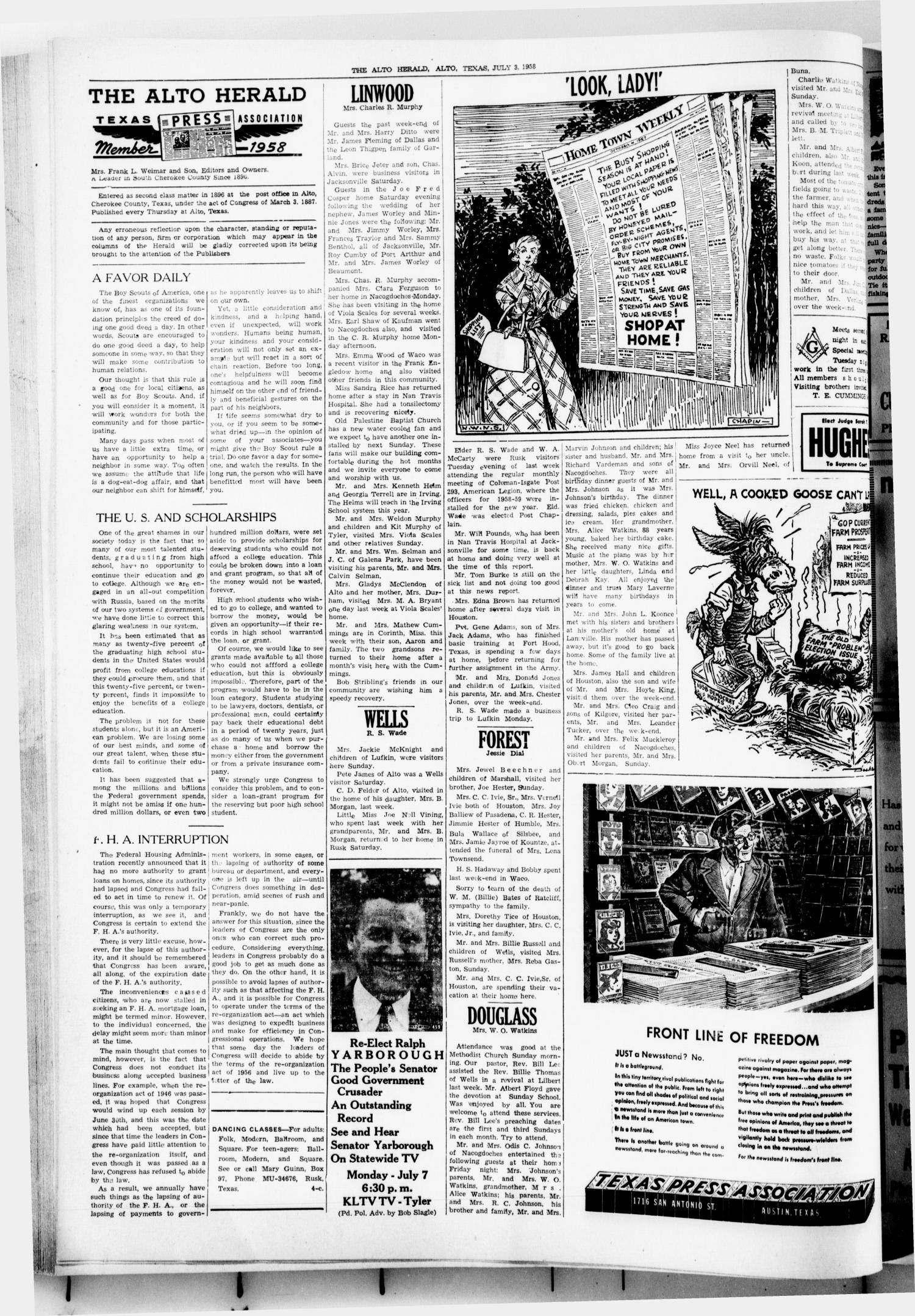 The Alto Herald (Alto, Tex.), No. 4, Ed. 1 Thursday, July 3, 1958
                                                
                                                    [Sequence #]: 2 of 6
                                                