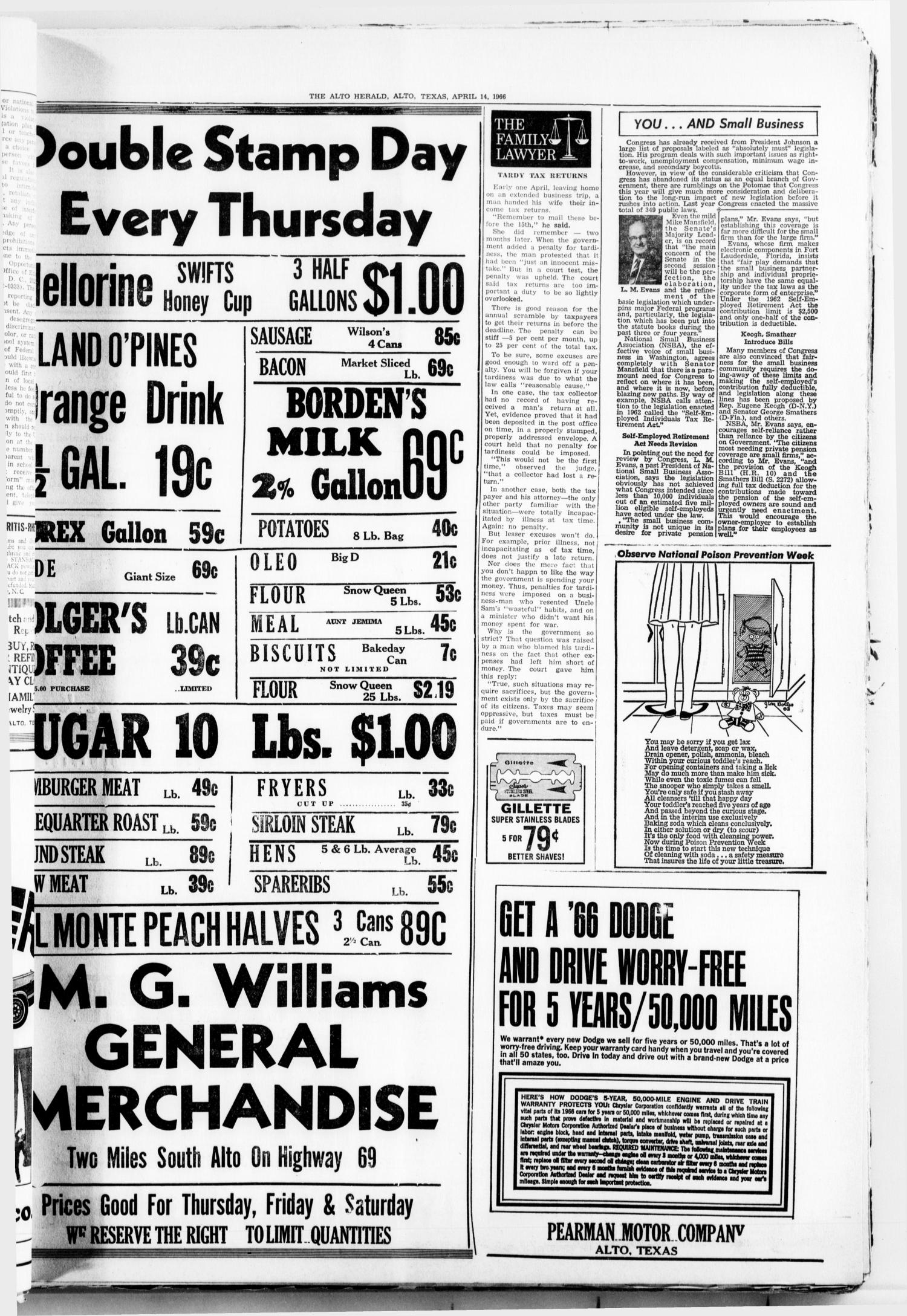 The Alto Herald (Alto, Tex.), No. 46, Ed. 1 Thursday, April 14, 1966
                                                
                                                    [Sequence #]: 3 of 8
                                                