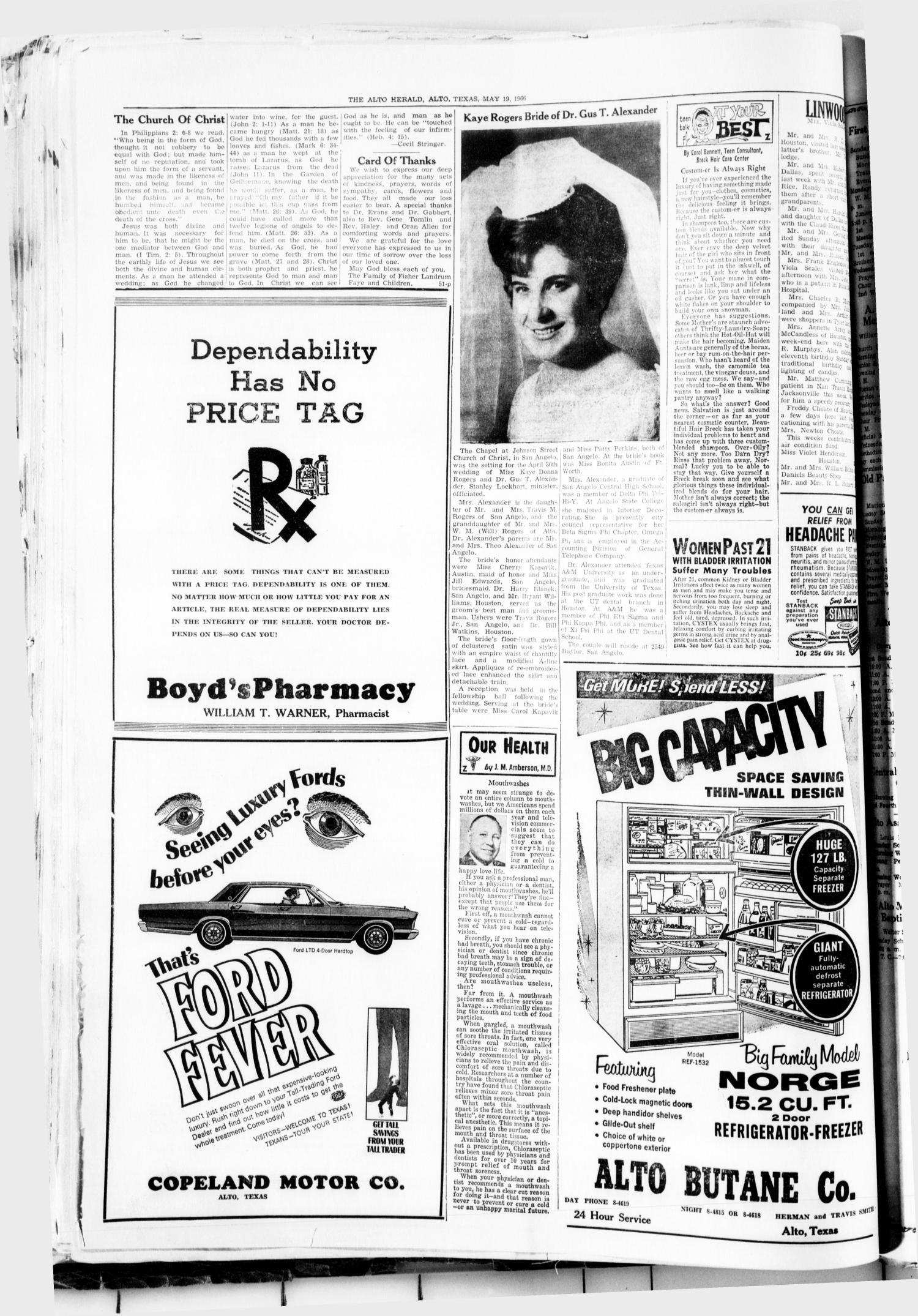 The Alto Herald (Alto, Tex.), No. 51, Ed. 1 Thursday, May 19, 1966
                                                
                                                    [Sequence #]: 6 of 8
                                                