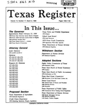 Texas Register, Volume 14, Number 17, Pages 1063-1136, March 3, 1989