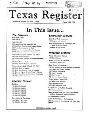 Texas Register, Volume 14, Number 26, Pages 1693-1773, April 7, 1989