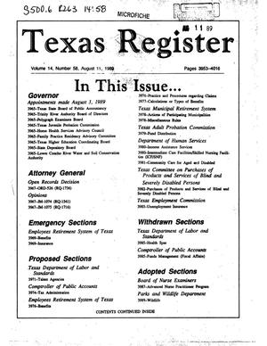 Primary view of object titled 'Texas Register, Volume 14, Number 58, Pages 3953-4016, August 11, 1989'.