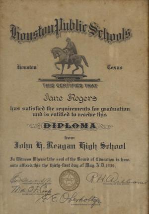 Primary view of object titled 'Jane Rodgers framed diploma from John Reagon High School Houston ISD'.