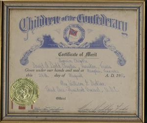 Primary view of object titled 'children of confederacy certificate of merit presented to Jane Reed'.