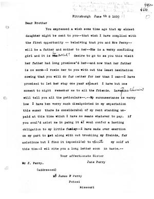 [Transcript of letter from Jane Perry to James F. Perry, June 8, 1830]