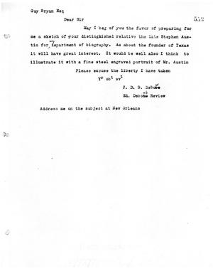 [Transcript of letter from J. D. B. DeBow to Guy M. Bryan, no date]