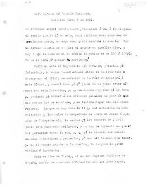[Transcript of letter from José Domingo de Castaneda to Antonio María Martínez, March 5, 1821]