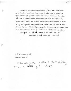 Primary view of [Transcript of letter from Antonio María Martínez to Stephen F. Austin, August 19, 1821]