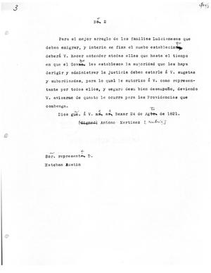 [Transcript of letter from Antonio María Martínez to Stephen F. Austin, August 24, 1821]