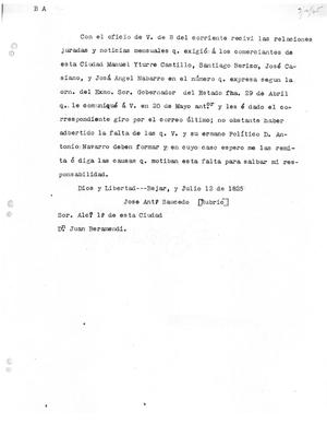 [Transcript of letter from José Antonio Salcedo to Juan Veramendi, July 12, 1825]