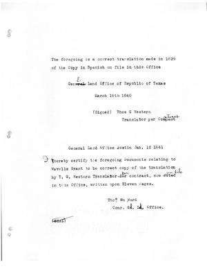 Primary view of object titled '[Transcript of note by translator Thomas G. Western verifying translation of Wavell's colonization grant, March 18, 1840]'.