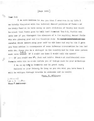 [Transcript of letter from Thomas F. McKinney to Stephen F. Austin, [September 1835]]