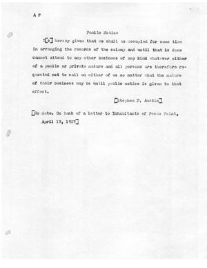 [Transcript of Public Notice to Inhabitants of Pecan Point from Stephen F. Austin]