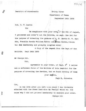 [Transcript of letter from George Orr to Stephen F. Austin, September 14, 1828]