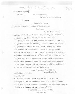 [Transcript of Letter from Henry Smith (on behalf of the Executive Council) to Stephen F. Austin, Branch T. Archer, and William H. Wharton, December 17, 1835]