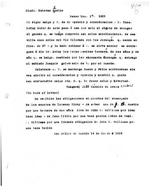 [Transcript of letter from José Cándido de Arcos to Stephen F. Austin, January 14, 1829]