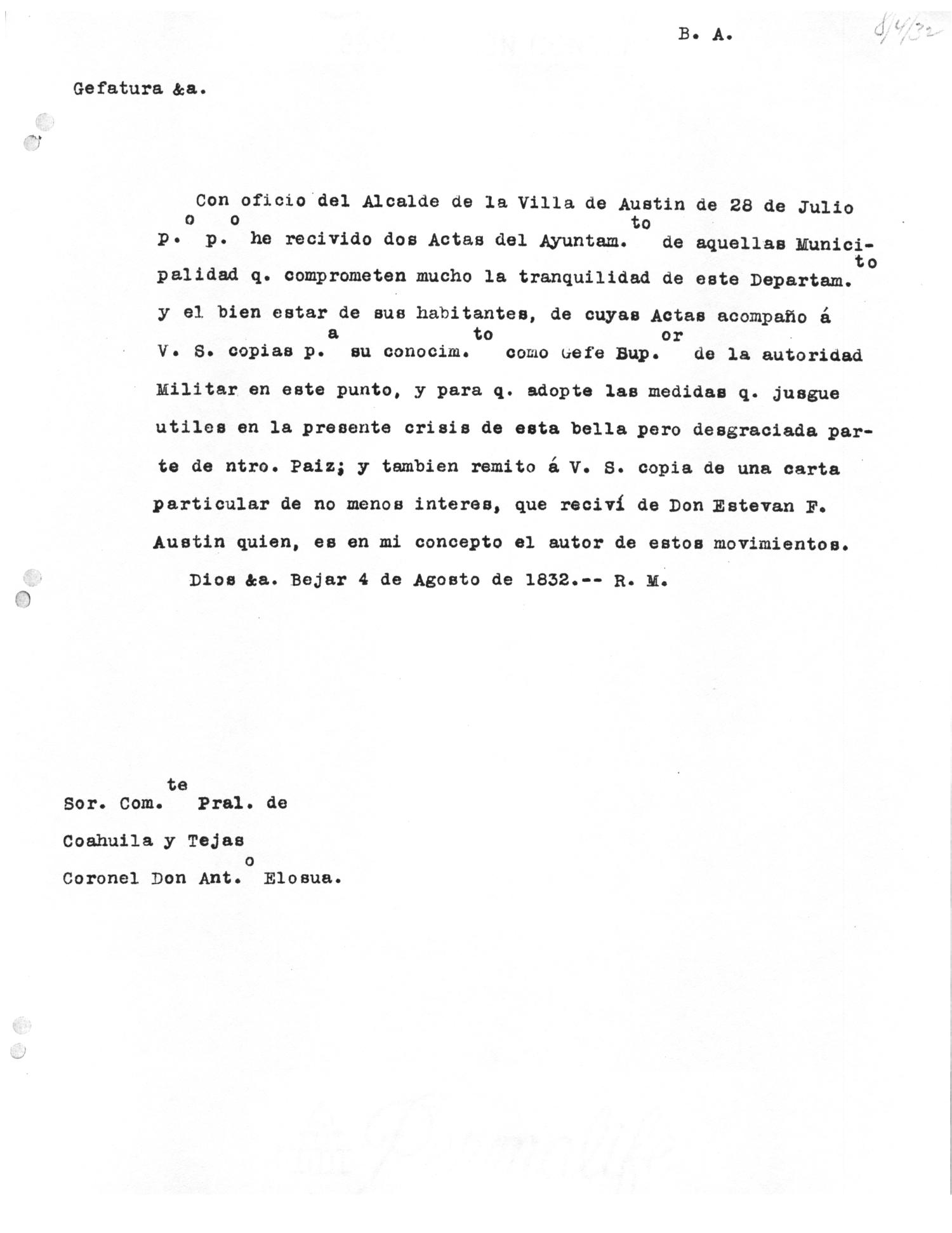 Transcript Of Letter From R M Ramon Musquiz To Antonio Elosua August 4 12 The Portal To Texas History