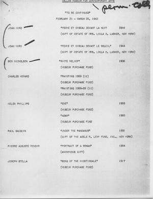 To Be Continued, February 21 - March 25, 1962 [Checklist]